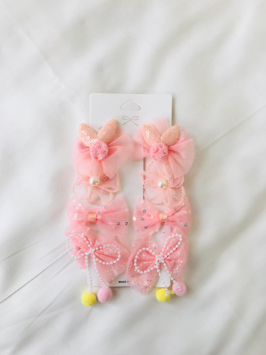 10-Piece Kids Cute Hair Bows and Clips Strip Set - Peach Pink