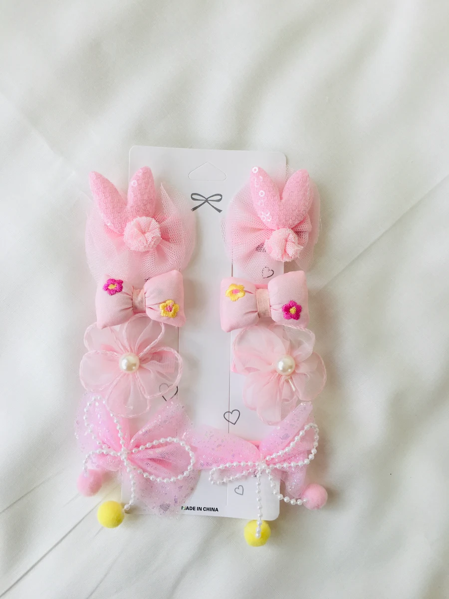 10-Piece Kids Cute Hair Bows and Clips Strip Set - Light Pink