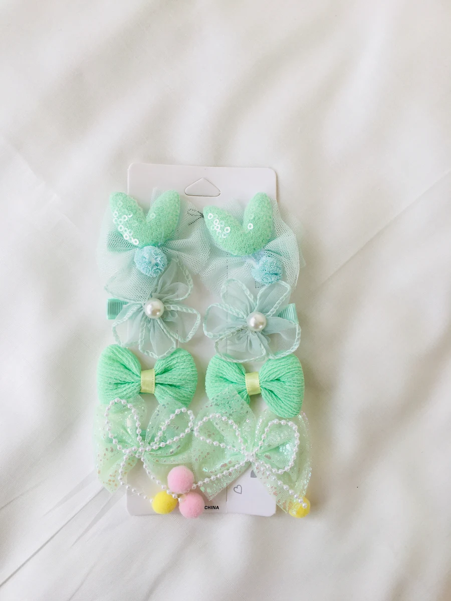 10-Piece Kids Cute Hair Bows and Clips Strip Set - Mint Green