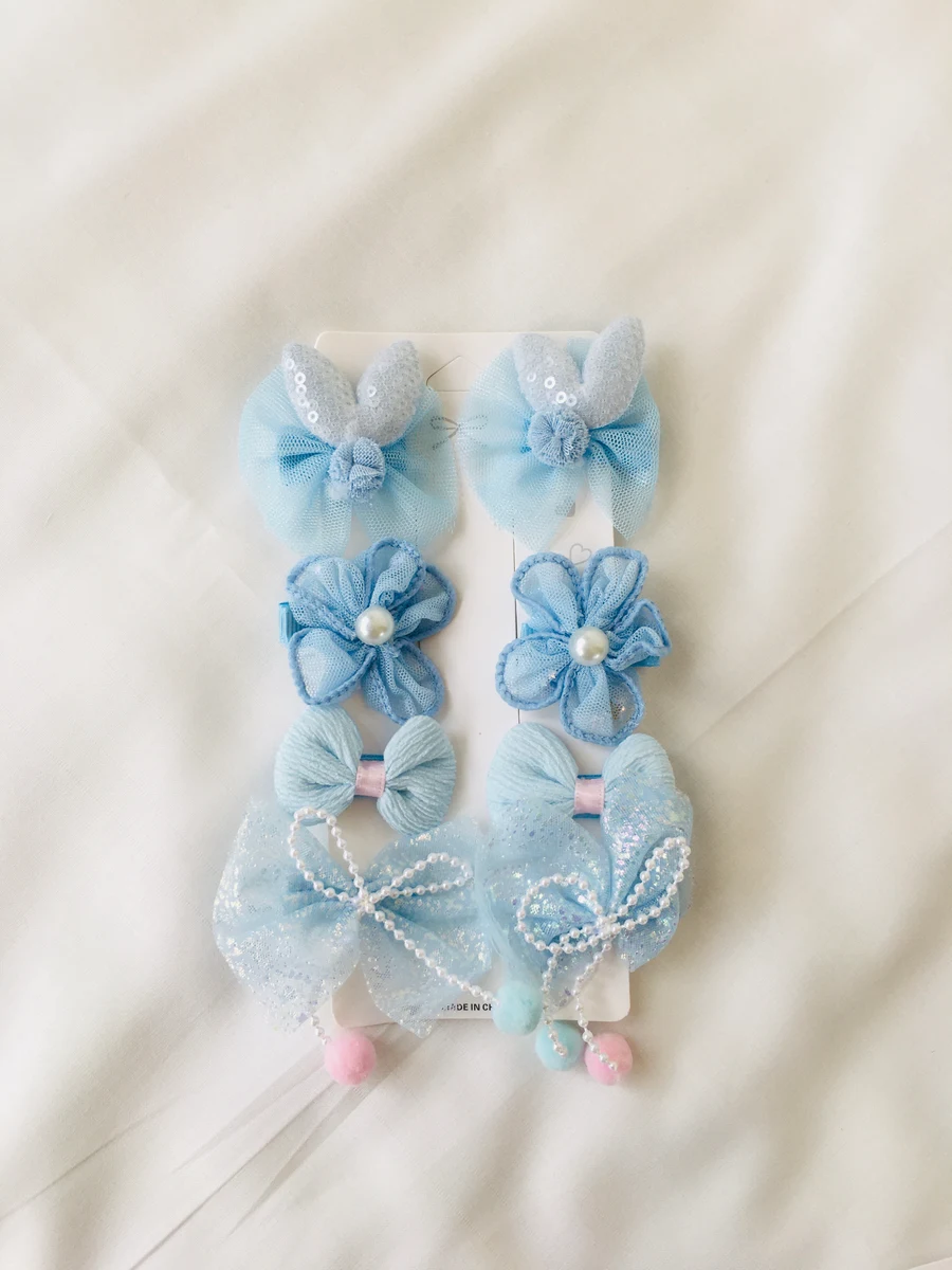 10-Piece Kids Cute Hair Bows and Clips Strip Set - Sky Blue