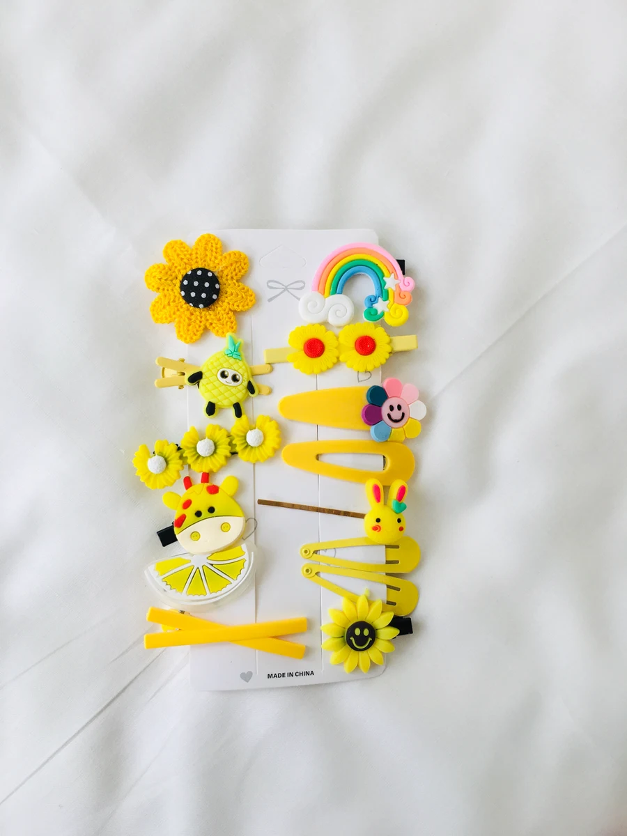 10-Piece Kids Cute Hair Bows and Clips Strip Set (Series 1) - Sunny Yellow