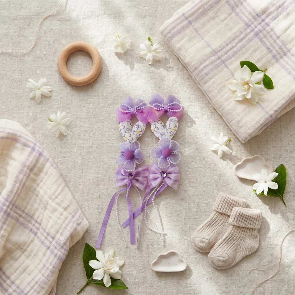 10-Piece Kids Cute Hair Bows and Clips Strip Set (Series 101) - Dusty Lavender