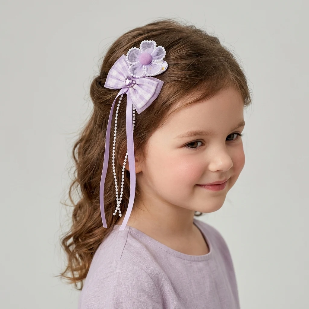 10-Piece Kids Cute Hair Bows and Clips Strip Set (Series 101) - Dusty Lavender