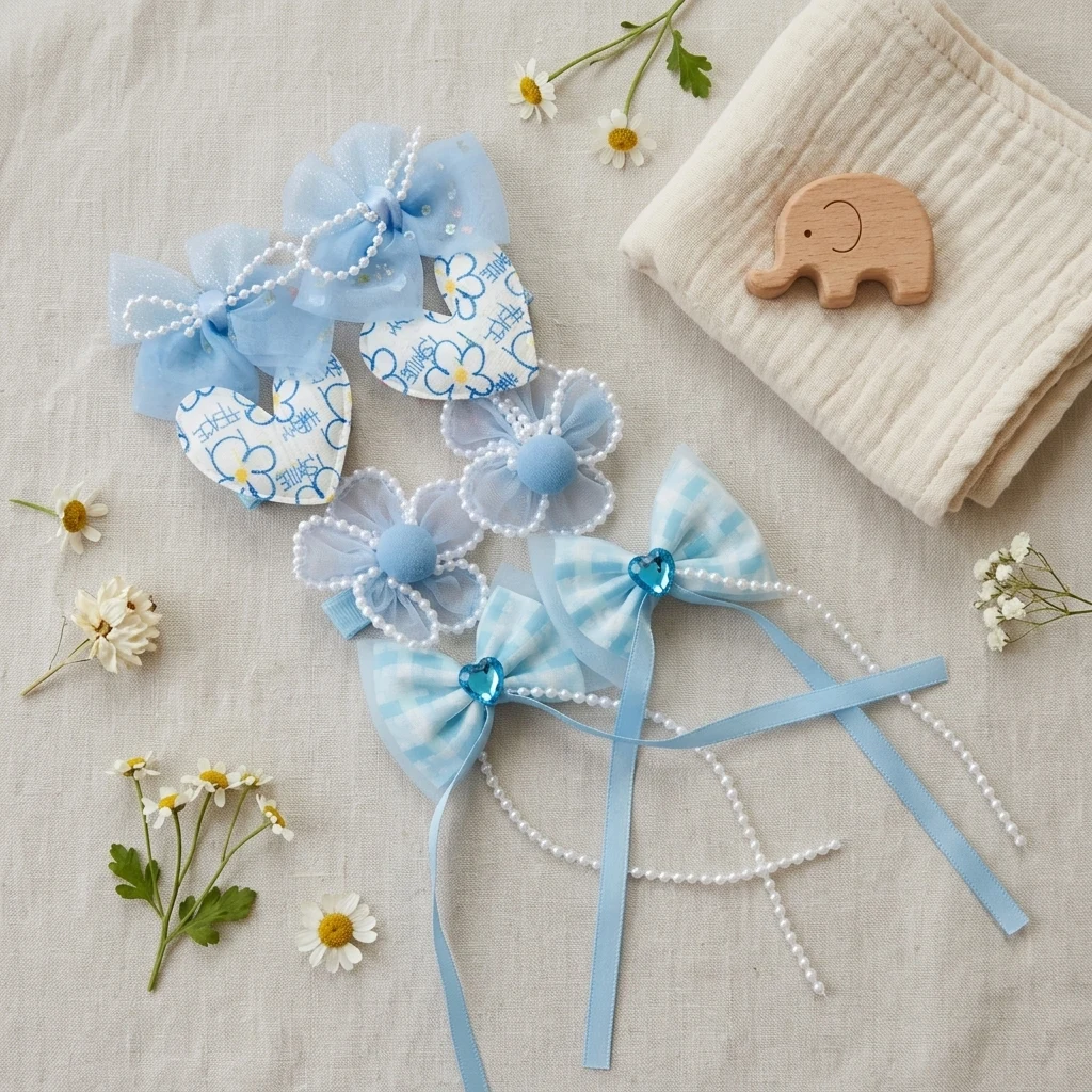 10-Piece Kids Cute Hair Bows and Clips Strip Set (Series 101) - Slate Blue