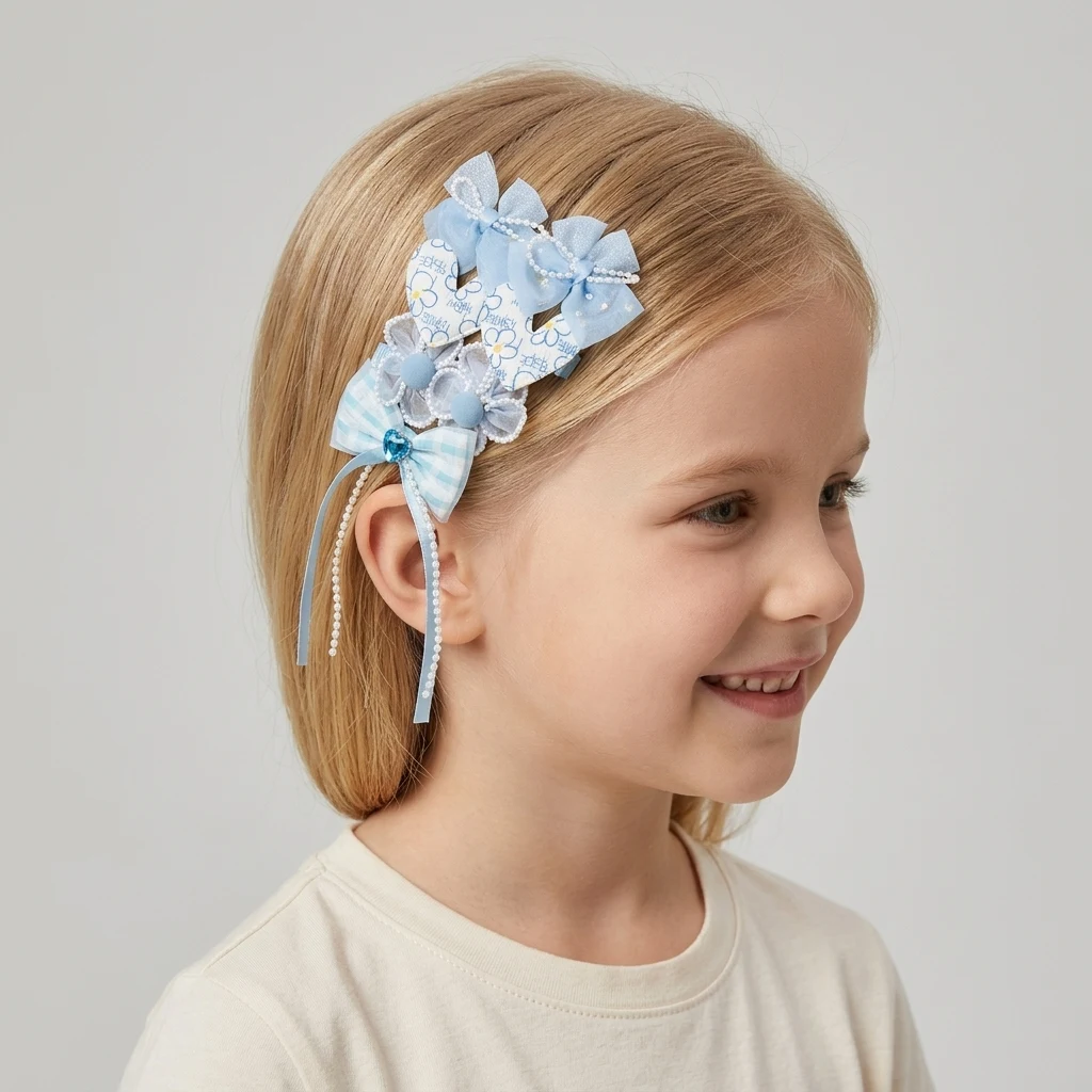 10-Piece Kids Cute Hair Bows and Clips Strip Set (Series 101) - Slate Blue