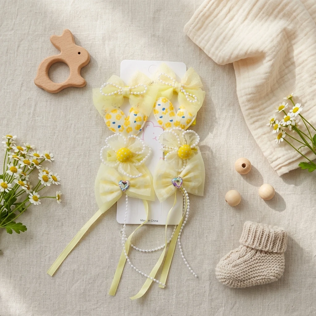 10-Piece Kids Cute Hair Bows and Clips Strip Set (Series 101) - Warm Yellow