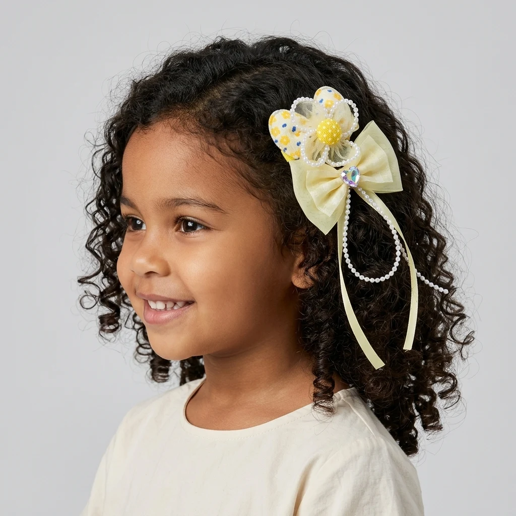 10-Piece Kids Cute Hair Bows and Clips Strip Set (Series 101) - Warm Yellow