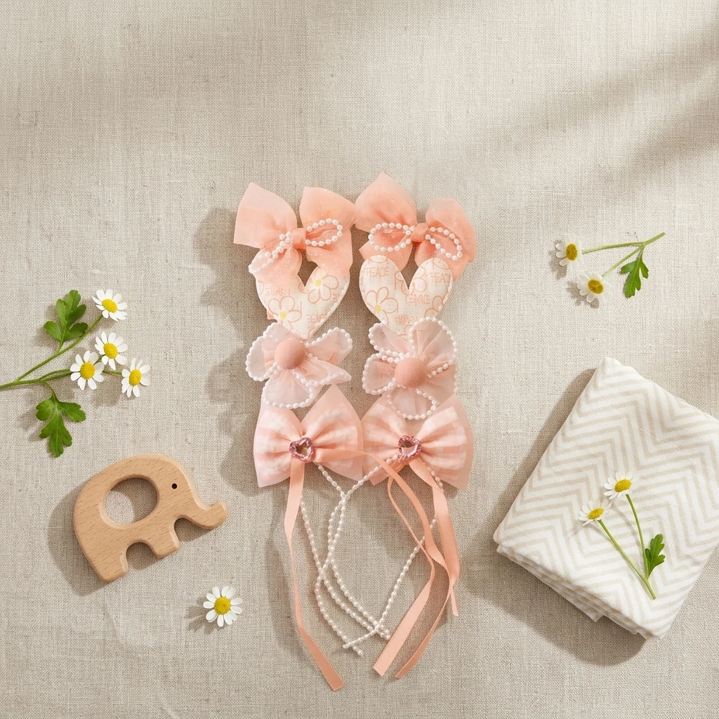 10-Piece Kids Cute Hair Bows and Clips Strip Set (Series 101) - Soft Pink