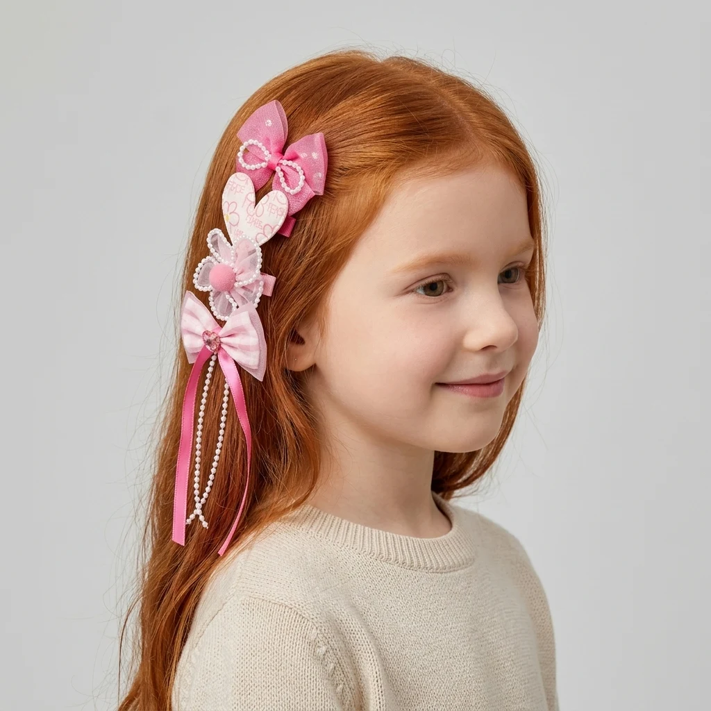 10-Piece Kids Cute Hair Bows and Clips Strip Set (Series 101) - Soft Pink