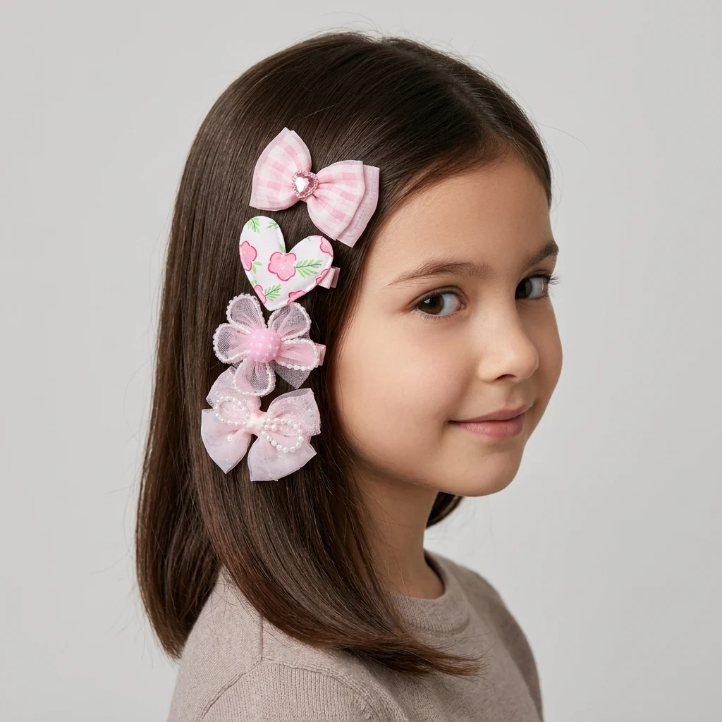 10-Piece Kids Cute Hair Bows and Clips Strip Set (Series 101) - Coral Blush