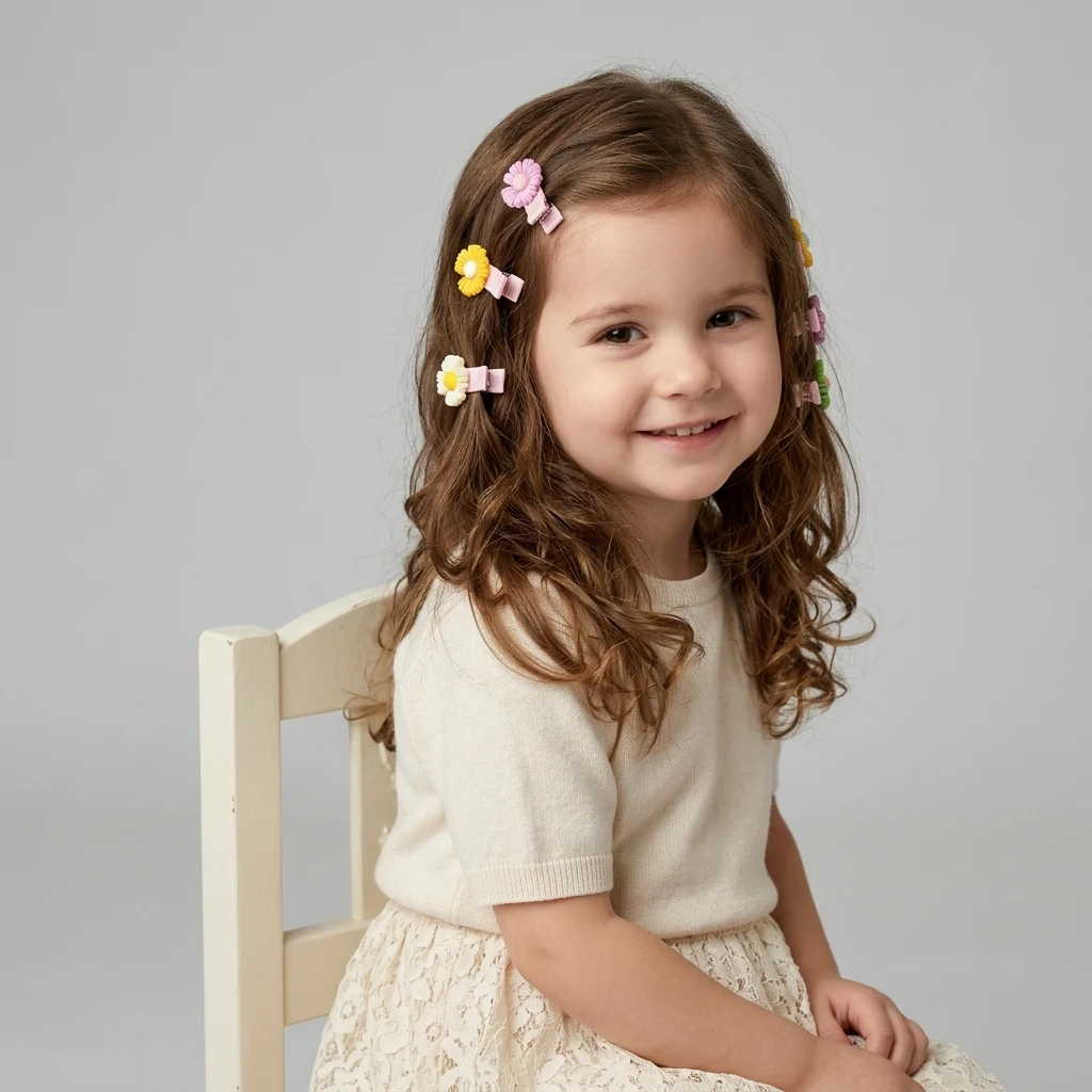 10-Piece Kids Cute Hair Bows and Clips Strip Set (Series 107) - Champagne Gold