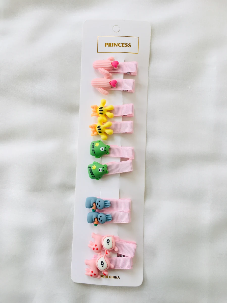 10-Piece Kids Cute Hair Bows and Clips Strip Set (Series 107) - Muted Oatmeal