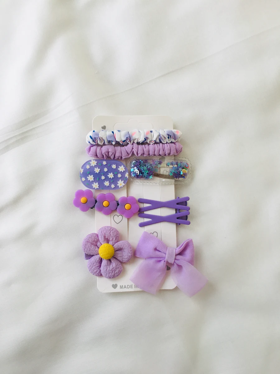 10-Piece Kids Cute Hair Bows and Clips Strip Set (Series 102) - Soft Purple