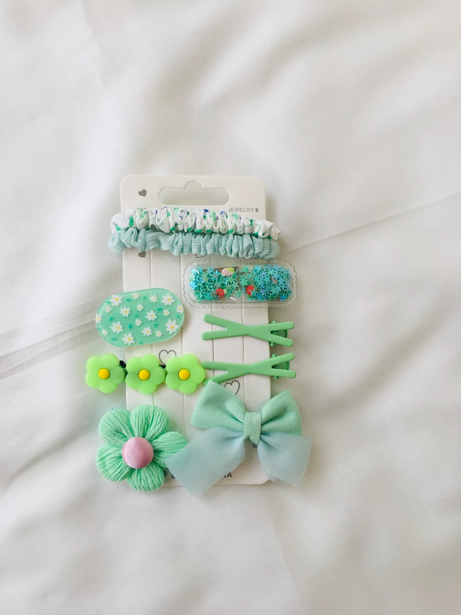 10-Piece Kids Cute Hair Bows and Clips Strip Set (Series 102) - Soft Sage