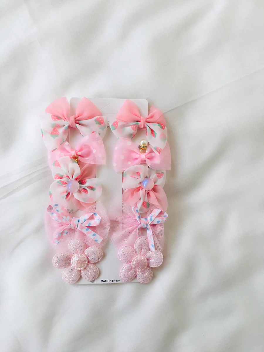 10-Piece Kids Cute Hair Bows and Clips Strip Set (Series 103) - Soft Dusty Pink