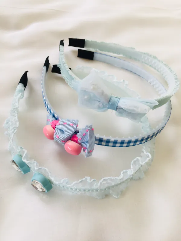 Mint Green Gingham & Pom-Pom Headband Set (Set of 3)