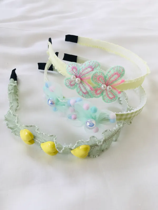 Sage Green Butterfly & Pom-Pom Headband Set (Set of 3)